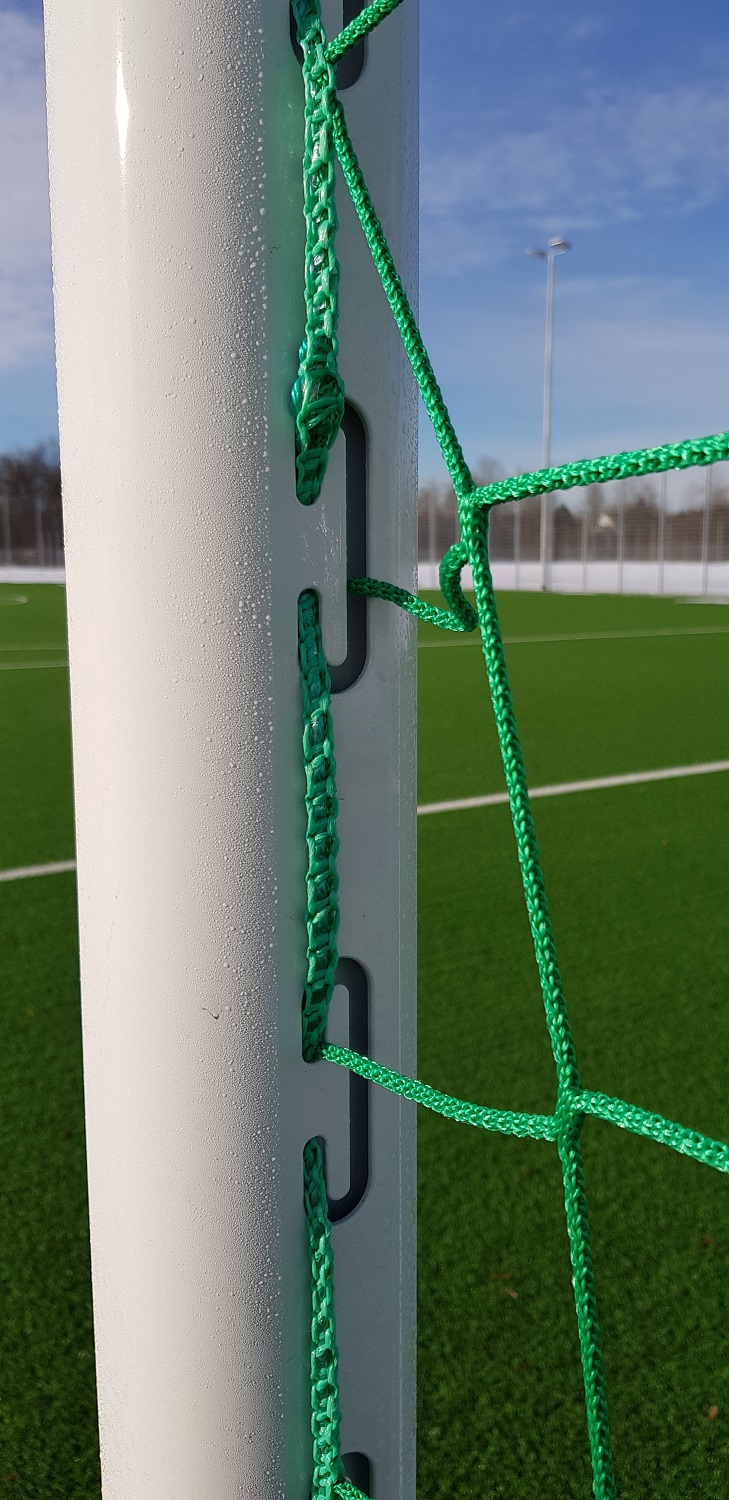 Fußballtor weiß mit Netzbügeln - PREMIUM - integrierte Netzaufhängung - 7,32 x 2,44 m - aus Aluminium